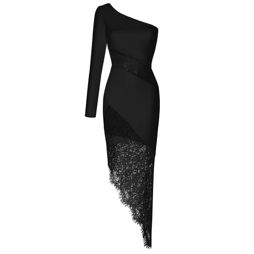 Rasario One Shoulder Crepe Lace Black Midi Dress